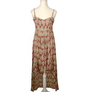 Millau Boho Maxi Dress Leaf Print Spaghetti‎ Straps High Low Red Beige Size S